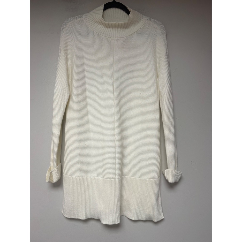 Talbots Ribbed Tunic Sweater Womens Medium Cream Excellent Mock Neck Longline